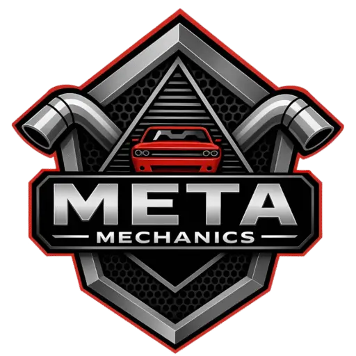 Meta Mechanics logo featuring a red car and automotive exhaust pipes
