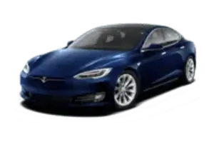 Dark blue Tesla electric sedan car.